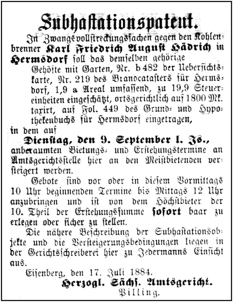 1884-07-17 Hdf Zwangsversteigerung Haedrich
